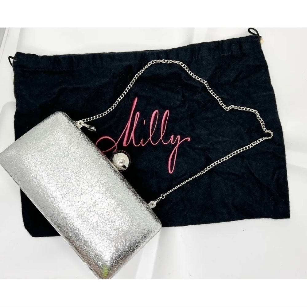 Milly Silver Foiled Hard Clutch Formal Small Chain Shoulder Bag Metallic